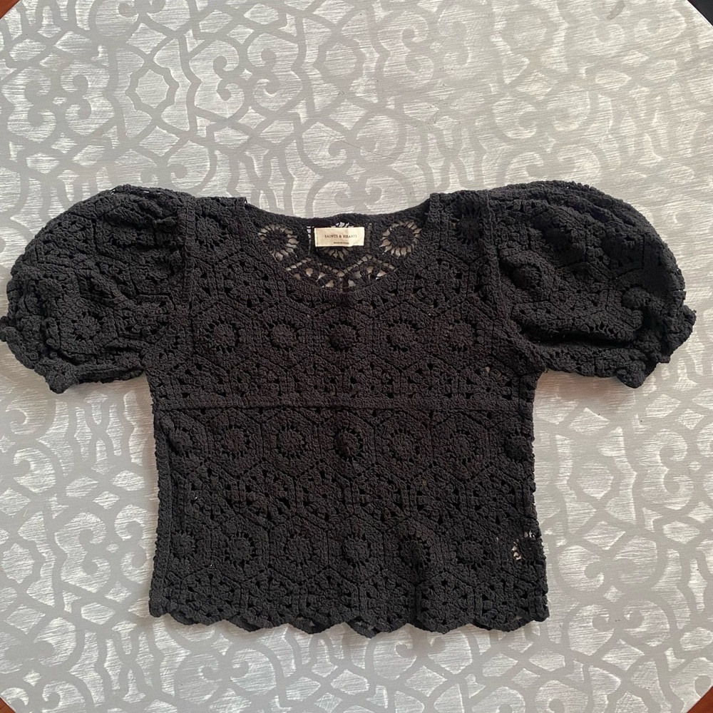 Black Crochet Embroidered Puff Sleeve Top size S Saints‎ and Hearts